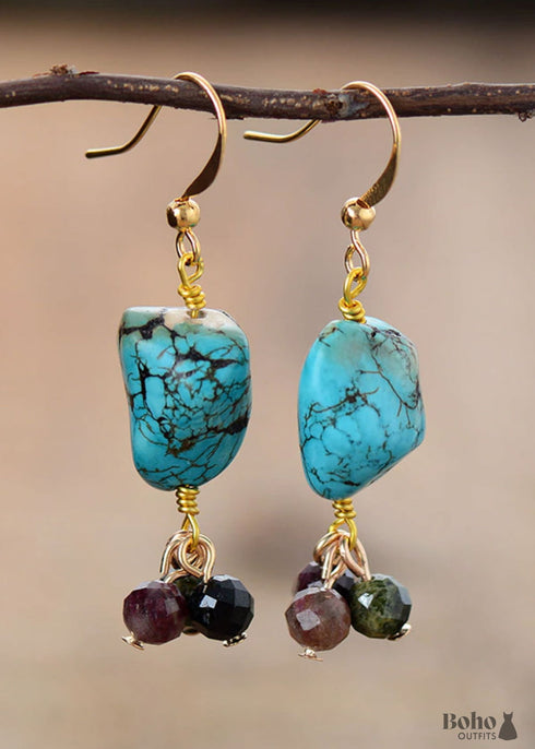Boho Earrings, Dangle Earrings, Tourmaline and Blue Turquoise